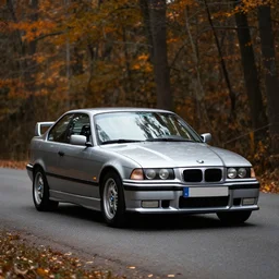 A BMW e36 parked in a road with trees, autumn season, Epic photography, taken with a Canon DSLR camera, 150 mm, depth of field