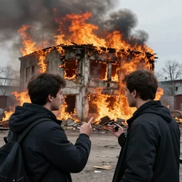 A reporter interviewing somebody in front of a burning building , surrealism , involving , intricate