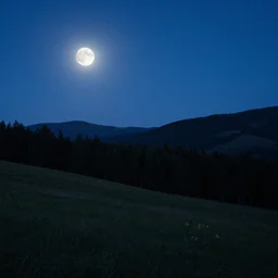 It is night, and the moon has risen; it is a cloudless sky of deepest blue. On one side lies an open field that slants up to low hills, while on the other there stretches a deep forest which ends in vague mountains dimly visible against the stars.