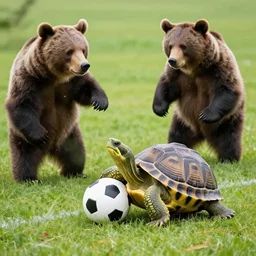 a turtle sitting on a football is kicked on the field by a bear