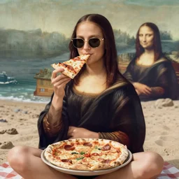 a young woman wearing sunglasses is sitting on the beach esting eating eating eating a big slice of pizza!, looks like mona lisa, sharp focus, hyper realistic, soft colors, centered, insanely detailed, wide shot, a painting by leonardo da vinci