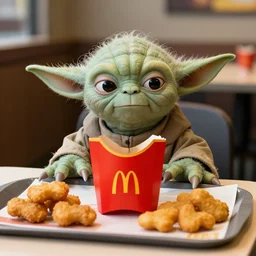 yoda, annoyed, yoda sitting behind a table inside mcdonald's, small red cardboard box on table, yellow m logo on box, tray of chicken nuggets 3 5 mm, f / 2. 8