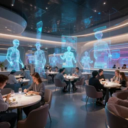 futuristic meta augmented reality restaurant interior full of hologram persons by syd mead, george tooker, herbert bayer