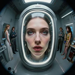 detailed face of a woman with obsidian eyes in a high tech sarcophagus, life support chamber, retro 7 0 s sci - fi, airlock, architectonic, fisheye, rim lighting, surreal lowbrow, pj crook, syd mead, livia prima, artgerm, greg rutkowski, nick alm, casey baugh