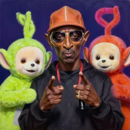 beautiful lifelike painting of mf doom performing with the teletubbies, hyperreal detailed facial features and uv lighting, art by ed roth and basil wolverton