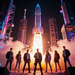 rocket launch at glass city, dramatic bright neon colors, highly detailed, cinematic, synthwave, robert morello, vladimir kush, chris foss, roger dean, michael whelan, bruce pennington, lisa frank, bob eggleton, alfred kelsner, kubrick, wojtek suidmak