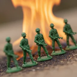 5 green plastic toy soldiers in set on fire . close up. DOF 100mm. F/1.8 45 45 degrees angle