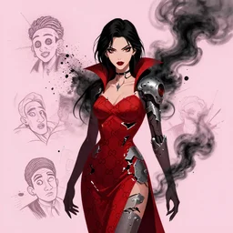 beautiful lady half necromancer, made of red gucci fabric, broken metal and black smoke, pixiv fanbox, dramatic lighting, maximalist pastel color palette, splatter paint, pixar and disney exploded - view draws and dustin nguyen, peter elson, alan bean, wangechi mutu, clean cel shaded vector art, trending on artstation
