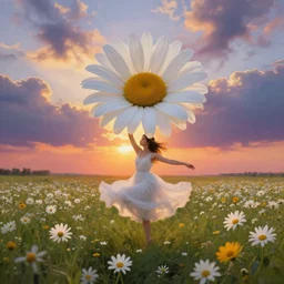 giant white daisy flower crown, girl dancing in a flower field, surreal photography, sunrise, dramatic light, impressionist painting, colorful clouds, digital painting, artstation, simon stalenhag