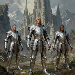 trailcam footage grotesque horrific stylistic vray 3 d render of silver ornate armor slim bodybuilder handsome warriors, mountains and giant gothic abbeys, hyperrealism, fine detail, 8 k, artsation contest winner, cgsociety, fantasy art, cryengine, brush strokes, oil canvas by mandy jurgens and michael whelan