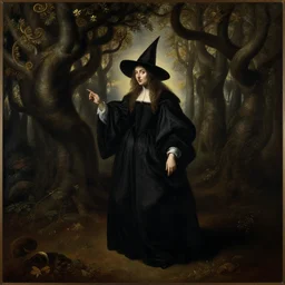 a painting of the witch in a black robe in the forest of swirly trees, a flemish baroque by roberto ferri, tom bagshaw, austin osman spare, william waterhouse, vermeer. cgsociety, classical realism, flemish baroque, chiaroscuro, an ultrafine detailed painting.