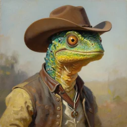 a reptilian cowboy, oil on canvas, high detail, trending on artstation