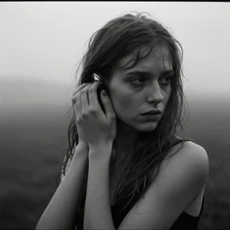 award winning photo of some regret as antonioni would depict it, she is 2 3, skinny and beautiful and listens to oathbreaker, she is full of hatred, photo, black and white, the background is unsafe, insanely detailed, closeup, romantic and ethereal, photo taken at dawn, she resembles okay kaya, foggy like in norwegian black metal aesthetic