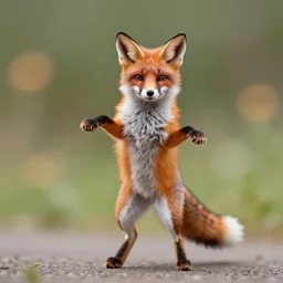 a photograph of a digitigrade fox standing upright and dancing, 3 5 mm, dancing!!! upright!!! fox, bokeh