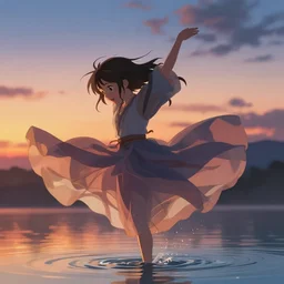 A girl dancing on water, detailed facial features, evokes feelings of joy, beautiful flowing fabric, sunset, dramatic angle, realistic and detailed, by studio trigger, pixiv dslr photo by Makoto Shinkai rossdraws and Wojtek Fus