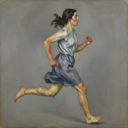 indigenous woman running, painted by lucian freud, hd, super detailed, realistic, muted colors