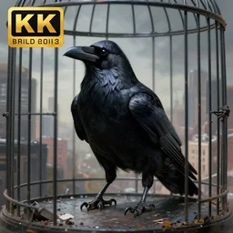a photo of black raven inside cage, city landscape, digital painting, insane details, hyper realistic, apocalyptic, artstation, sharp, focus, award winning, conceptual art, 4 k