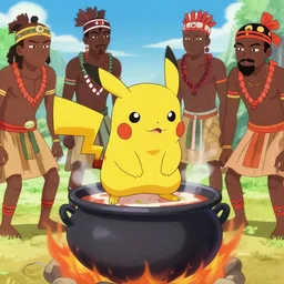 pikachu getting cooked in a pot by african tribesmen, anime style
