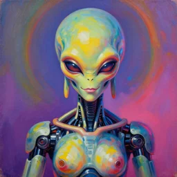 a perfectly centered portrait of an alien biomechanical robot buddha, female, intense stare, sarcastic smile, volumetric lighting, volumetric shadows, highly detailed, psychedekic colors, realistic oil painting by tim hilderbrandt and alex grey,