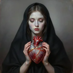 Beautiful woman with fractured pale face in black cloth holds surreal ornate heart in her hands, the long shot, dramatic lighting, high-detailed realistic oil painting, masterpiece, 4k