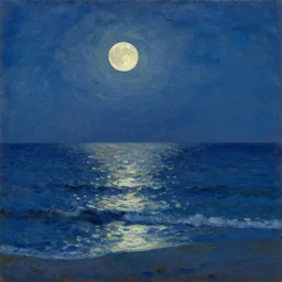 a matte painting of the ocean at night with a full moon, an oil painting by Laurits Tuxen, deviantart, impressionism, deviantart