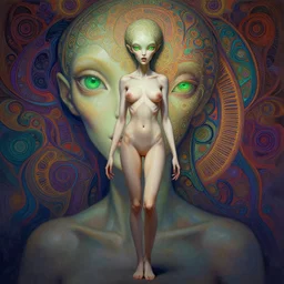 wide angle full body portrait of an alien female with green eyes, a perfect face and perfect body, thin waist, mouth half open, intricate, single face, psychedelic background, highly detailed, digital painting, artstation, concept art, smooth, sharp focus, illustration, Unreal Engine 5, 8K, art by artgerm and greg rutkowski and alphonse mucha