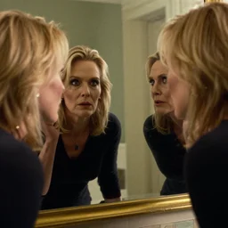 ellen degeneres staring at her distorted creepy reflection in a funhouse mirror