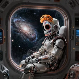 nomad, sad in spaceship, gazing at view of galaxy in space through a window, intricate detailed environment, photorealistic!, octane render, mechanical, concept art, cinematic lighting, digital art, interstellar, hyper realism, sharp, cyberpunk, 8 k, de dia los muertos. by angus mckie, moebius, maciej kuciara