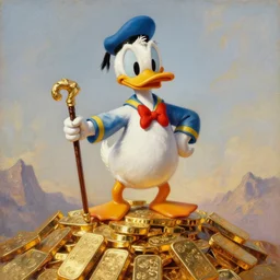 Scrooge McDuck standing on a mountain of gold and holding a cane, view from below, oil painting, highly detailed