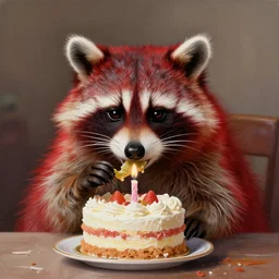red wig raccoon eating birthday cake, elegant intricate digital painting artstation concept art by mark brooks and brad kunkle, detailed