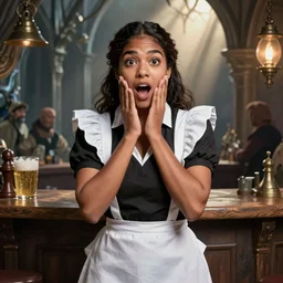female tavern maid, surprised, dark hair, tanned, beautiful, stunning, detailled, by luis royo, by pixar, by myazaki, game of thrones, gothic, final fantasy, fantasy, medieval