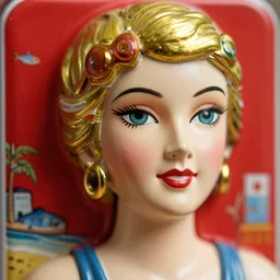 closeup face portrait of a tin toy lady 1 9 2 0 s swim champ at the seaside, nicoletta ceccoli, mark ryden, lostfish, max fleischer, depth of field, detailed and intricate red square environment, 8 k resolution, hyperrealistic, octane render