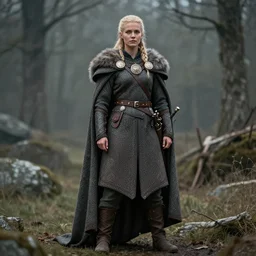 full length photograph of a real-life beautiful female viking with intricate cloak and armour,  Extremely detailed. 8k