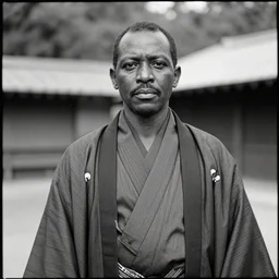 analogue photo of an african chief wearing Japanese Haori & Hakama, african facial features, 35mm, f/1.4, black & white, butterfly lighting, national geographic, photographed by Martha Cooper,