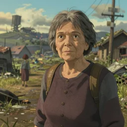 away from my grandmother and seeing her in the distance, in a post apocalyptic setting, ghibli, unreal 5, daz, hyperrealistic, octane render, rpg portrait, dynamic lighting