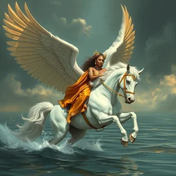 detailed digital painting of beyonce knowles as a sorceress woman riding a white seraphim winged horse on the water, in the style of artist wayne reynolds, highly detailed, 8 k, artstation