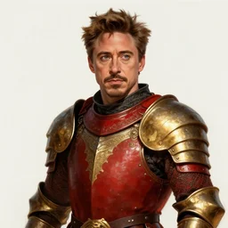 robert downey jr with medieval red and golden armor, bowl haircut, highly detailed, digital painting, artstation, concept art, sharp focus, illustration by aleksi briclot, rutkowski