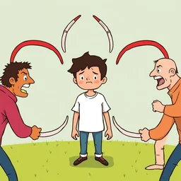 bullying, the victim is in the center, around the bullers with boomerangs. illustration