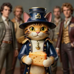 closeup portrait of tin toy napoleon cat holding cheese, depth of field, zeiss lens, detailed, symmetrical, centered, fashion photoshoot, by nicoletta ceccoli, mark ryden, lostfish, earl nore, hyung tae, frank frazetta, breathtaking, 8 k resolution, extremely detailed, beautiful, establishing shot, artistic, hyperrealistic, octane render