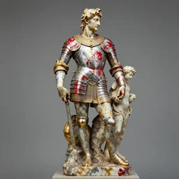 shiny colourful polished marble intricate viking in armour statue by michelangelo buonarroti and by gian lorenzo bernini, covered in red color paint splashes, partially gold plated, ultra - detailed flash studio photograph