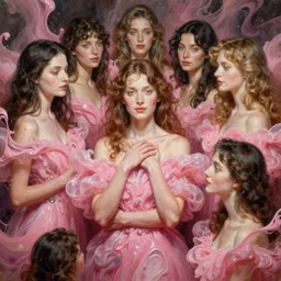 fantastic extraordinary beautiful women into fluid pink mass, mid shot, norman rockwell, tim hildebrandt, viktor safonkin, dariusz zawadzki, bruce pennington, larry elmore, intricate details, hyperrealistic oil painting on canvas, deep depth field