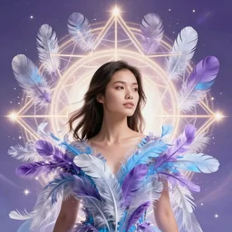 elegant beautiful young asian woman by irakli nadar, several layers of 3 d translucent feathers fractals radiating behind with sacred geometry, cosmic, natural, awakening, effervescent, warm, photo realistic, epic and cinematic, purple, light blue