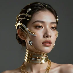 portrait of a beautiful futuristic woman layered with high-tech jewelry wrapping around her face and head, golden-silver light