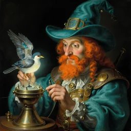 a baroque close - up portrait painting of a teal and orange whimsical steampunk wizard fixing a glowing sci - fi time machine bird. black background. highly detailed science fiction painting by norman rockwell, moebius, frank frazetta, and syd mead. high contrast. renaissance masterpiece. artstation