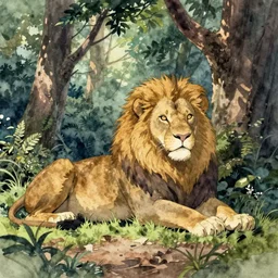 watercolor painting of a majestic lion resting near the canopy forest, by Studio Ghibli