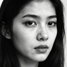 a beautiful woman face closeup. with black hair, sad, pale, expressive, a black and white photo by robert mapplethorpe, tumblr, naturalism, black and white, contrasting, photocopy