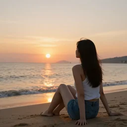 a photo of a young woman sitting on the beach watching the sunset