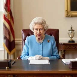 Queen Elizabeth II sitting behind the Resolute Desk in the White House Oval Office, 4k, award winning photo