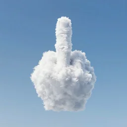 a cloud formation in the distinctive shape of a hand giving the middle finger, in the sky at sunset over a verdant field