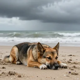 kooikerhondje dog sleeping in the beach, stormy weather, very beautiful, detailed realistic HD 8k